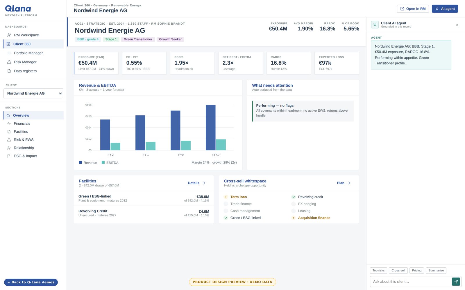 Client 360 dashboard preview: executive summary, facilities, key ratios, early warning signals for one borrower.