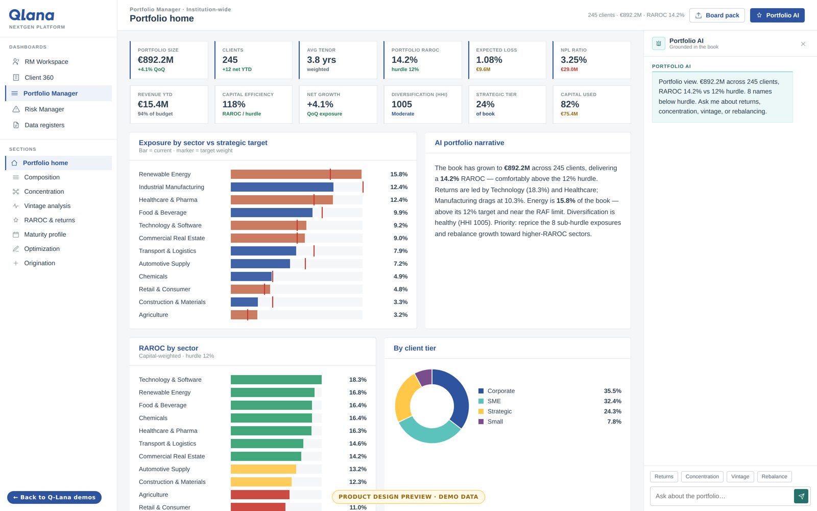Portfolio Manager preview: portfolio size, RAROC trend, client tiers, concentration and vintage views.