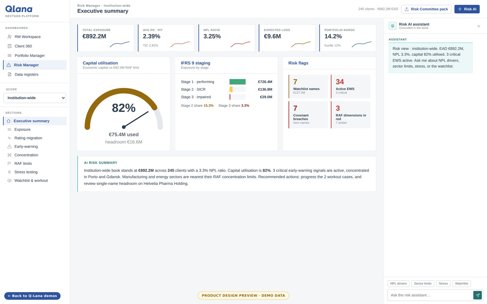 Risk Dashboard preview: exposure, IFRS 9 staging, risk grades, capital and limit utilization.