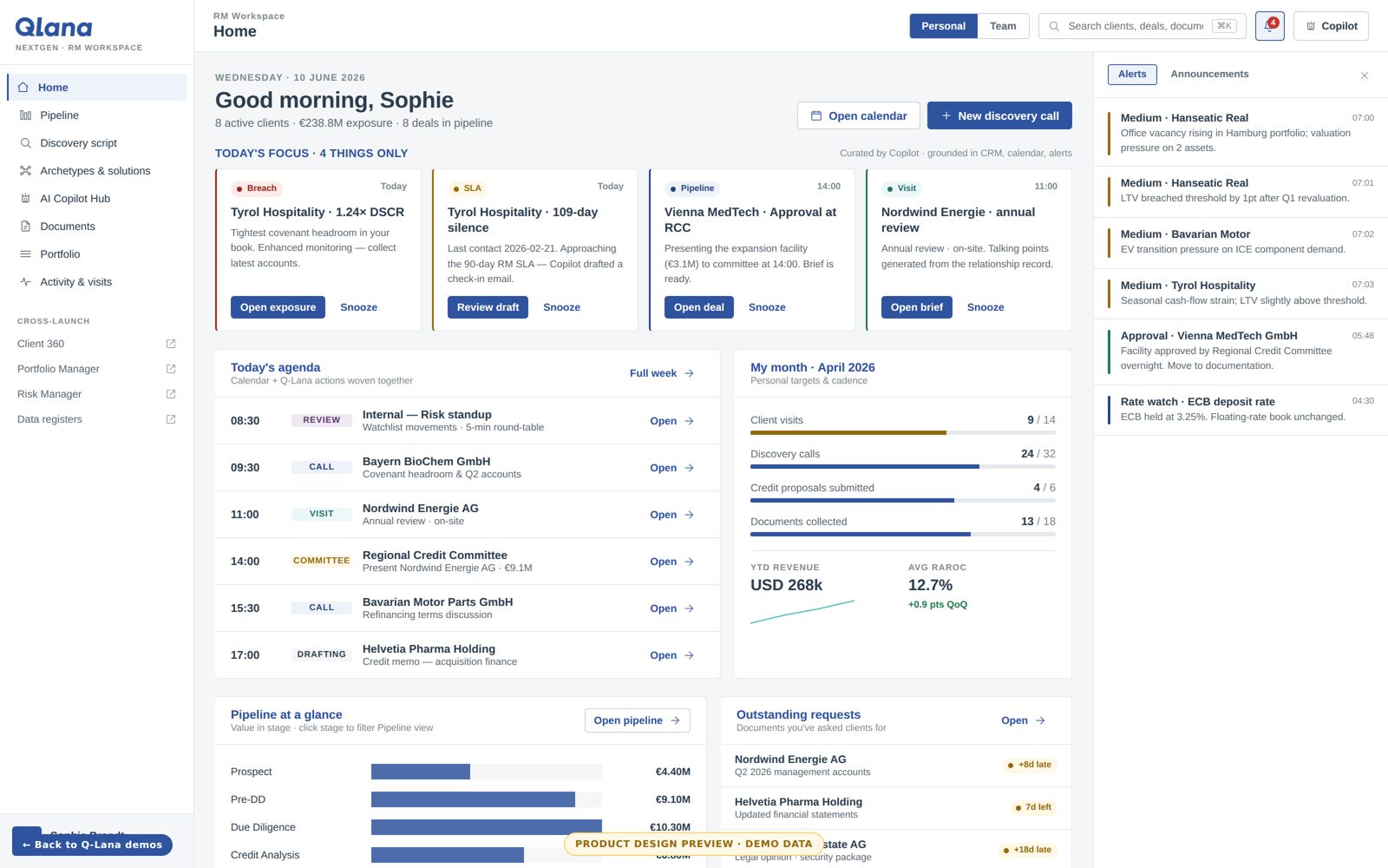 RM Workspace preview: daily dashboard with agenda, activity progress, alerts, and AI morning brief.