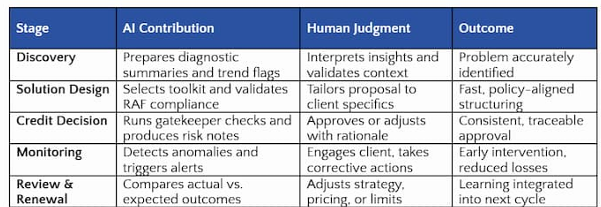 Summary of how human expertise and AI enforcement complement each other at each stage of the customer lifecycle: